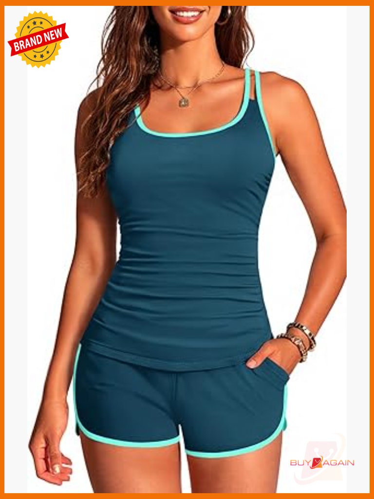 Tankini Swimsuit With Shorts - Tummy Control Bathing Suit With Pockets